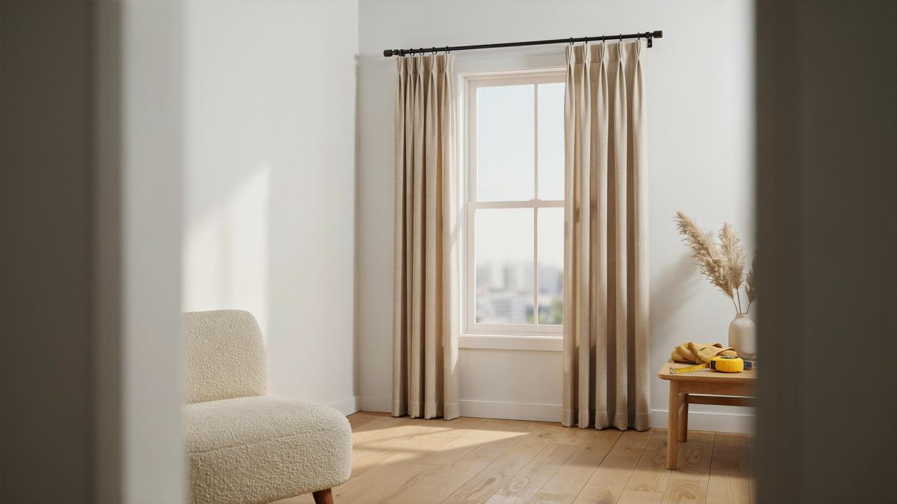 Modern window displaying the ideal placement of a curtain rod above and beyond the window frame with elegant curtains.