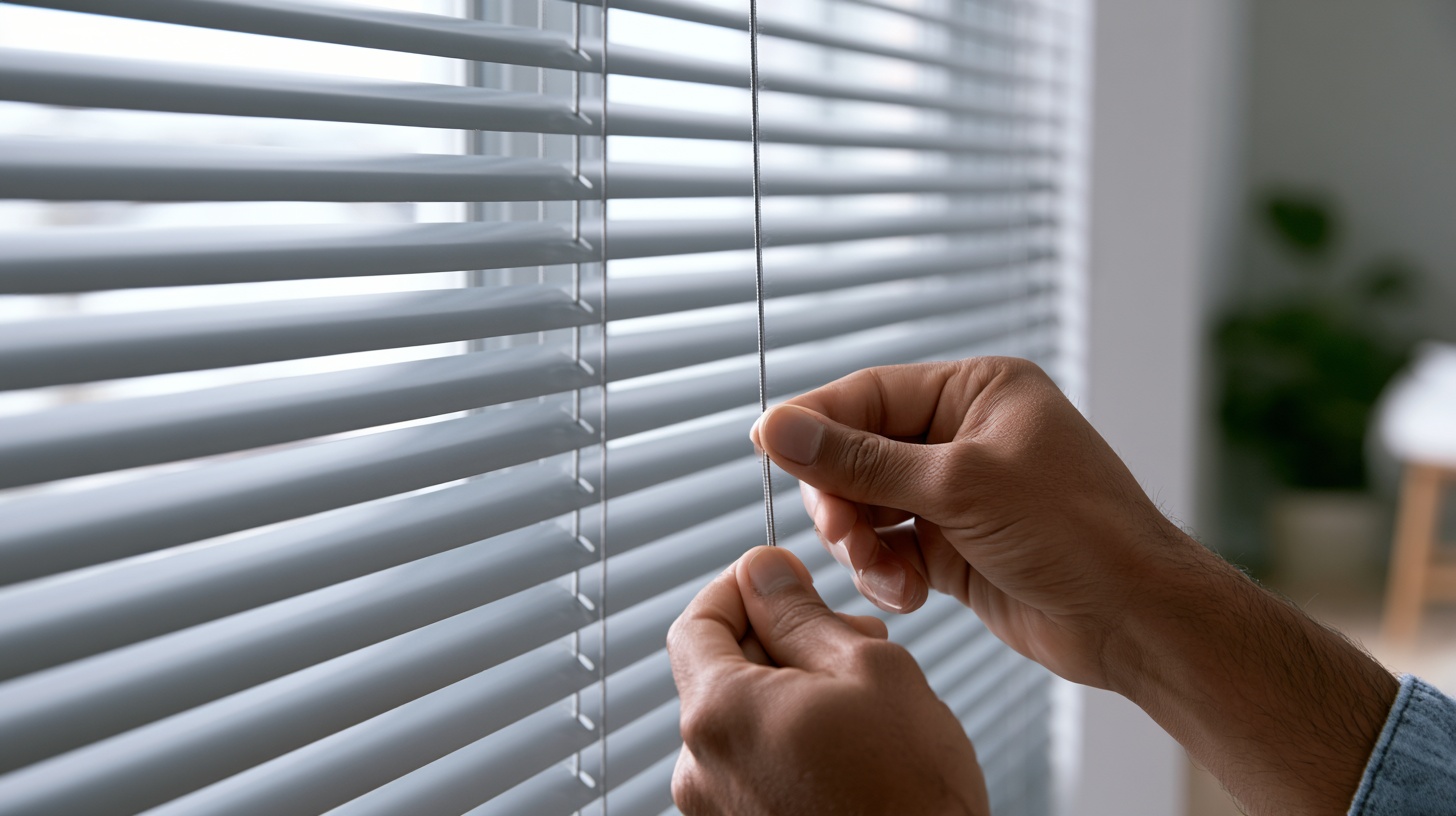 Person stops pulling the blind cord while lowering the window blind to the right height.