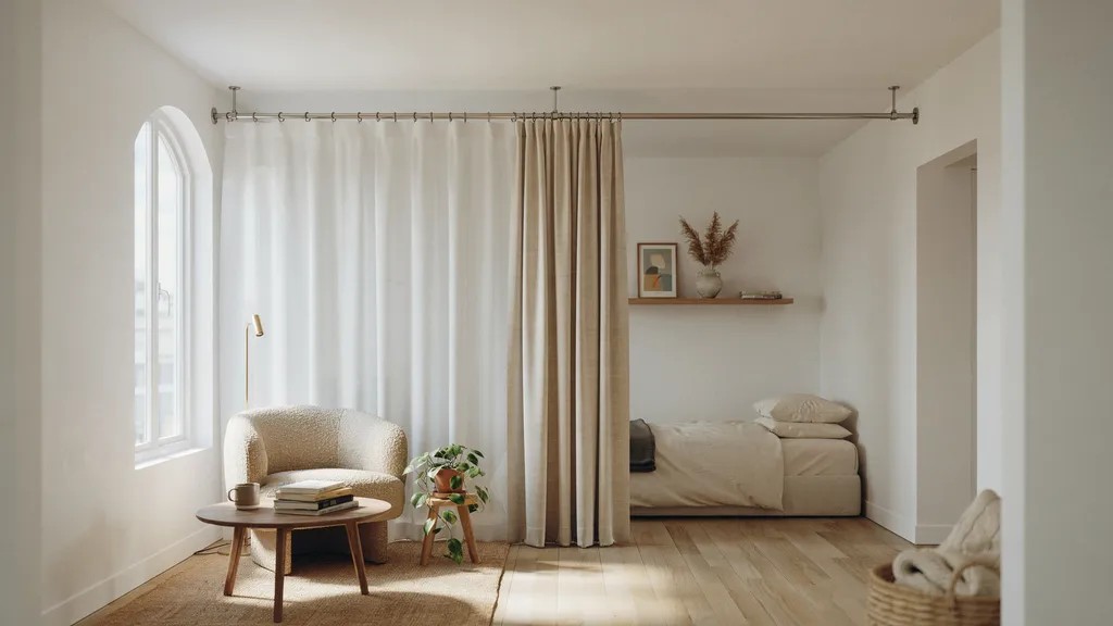 studio apartment with ceiling mounted curtain rod used as room divider open space modern minimalist interior scene.