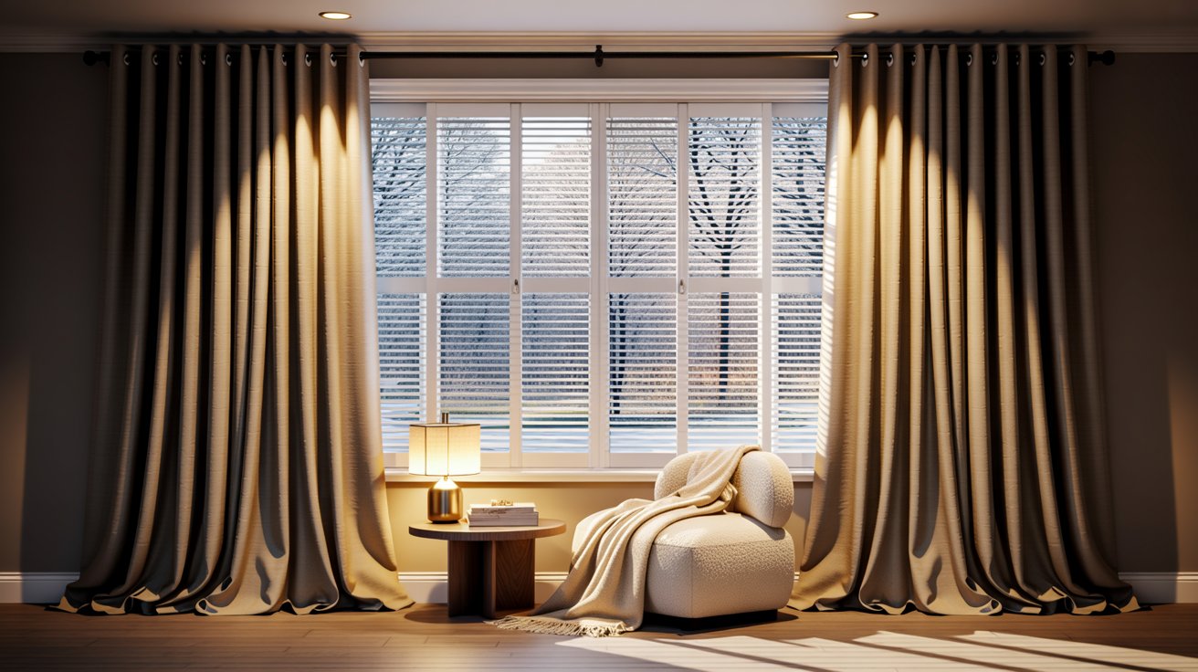 Cozy modern room with plantation shutters and thermal curtains highlighting insulation and energy efficiency with a warm indoor atmosphere.