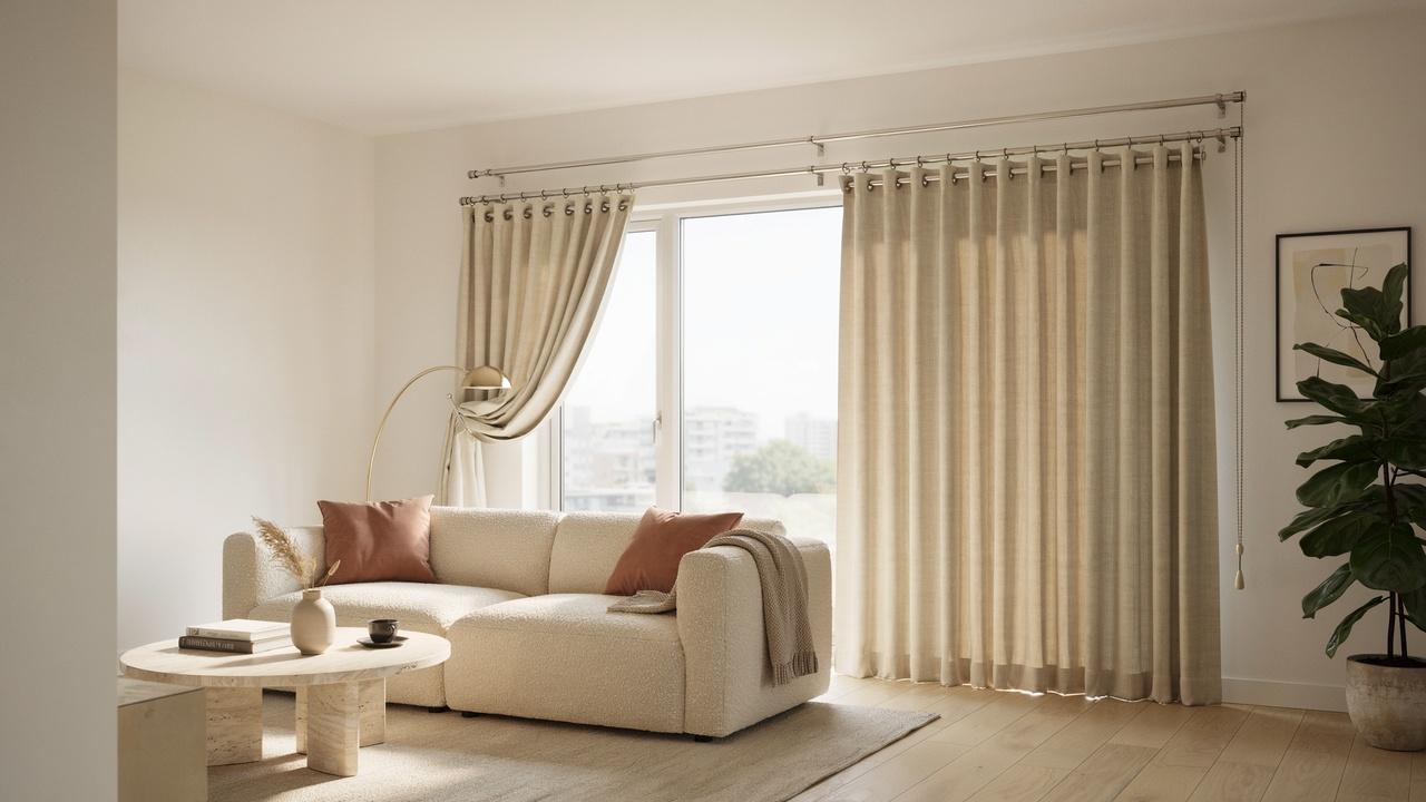 Modern living room showcasing a traverse curtain rod system with smoothly sliding curtains on a large window in natural light.