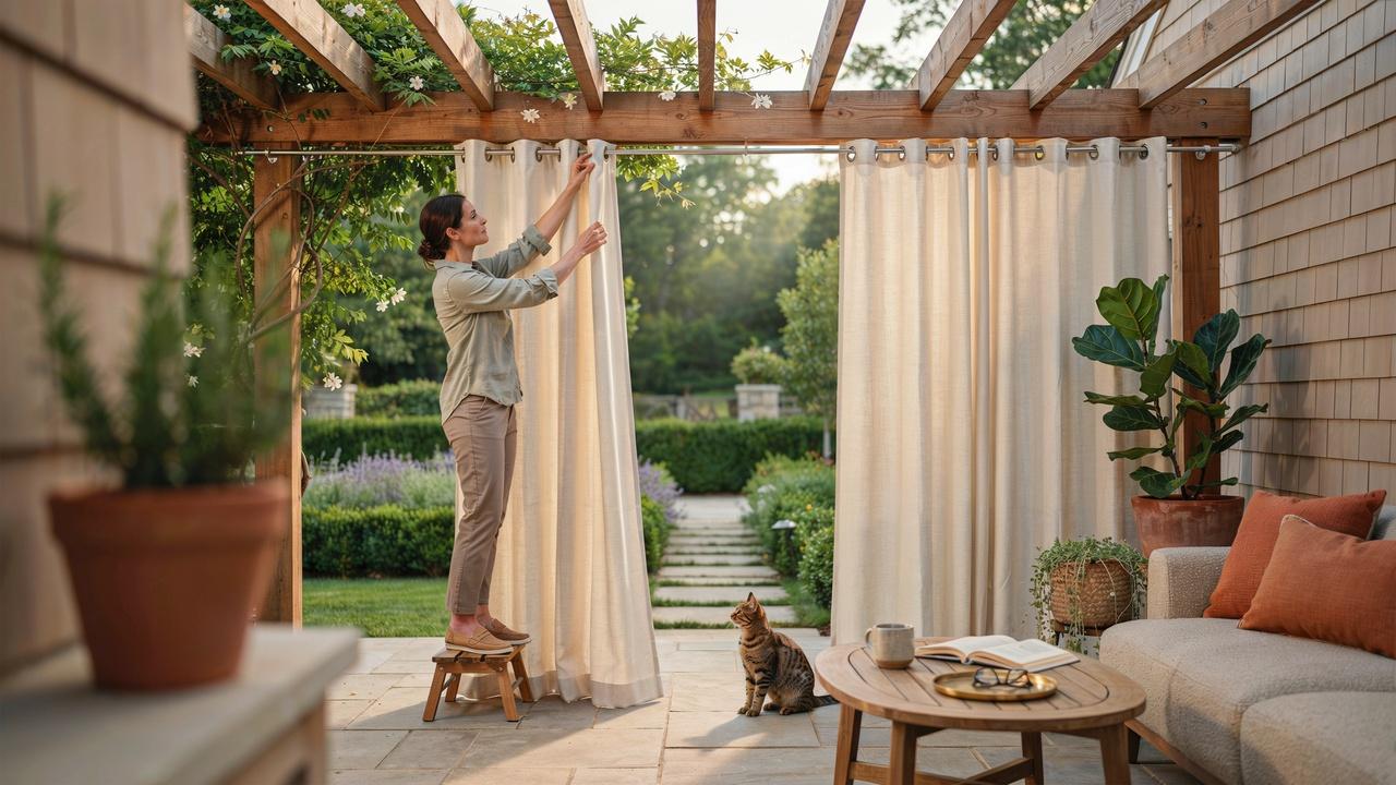 Outdoor curtains being installed on a patio pergola in a stylish backyard setting.