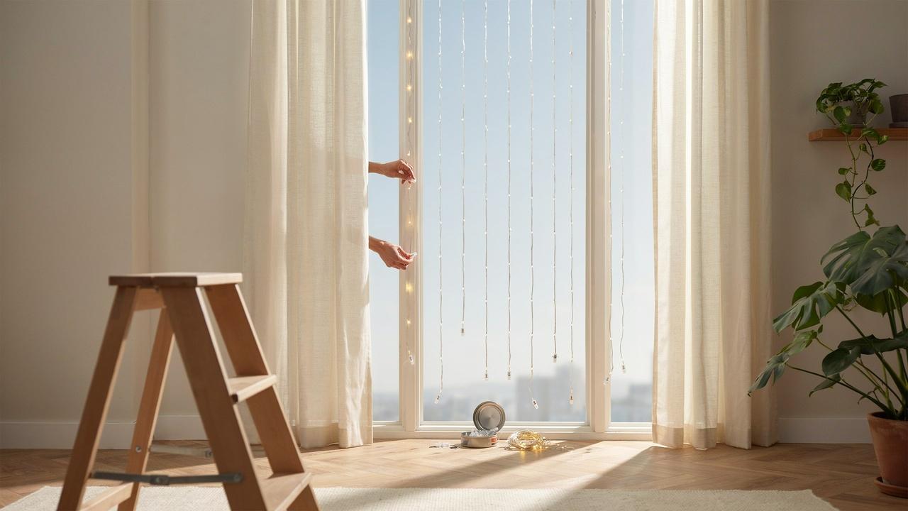 Curtain lights being positioned, secured, and neatly hung around a window in a modern home interior.