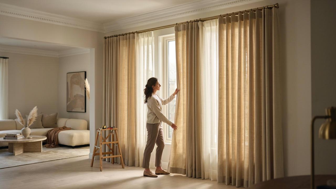 A homeowner adjusting the length and styling of floor-length curtains beneath decorative crown molding.