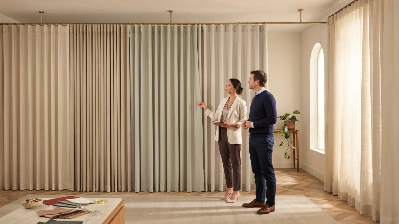 Interior designer comparing different curtain pleat styles to demonstrate how pleats influence curtain appearance and functionality.