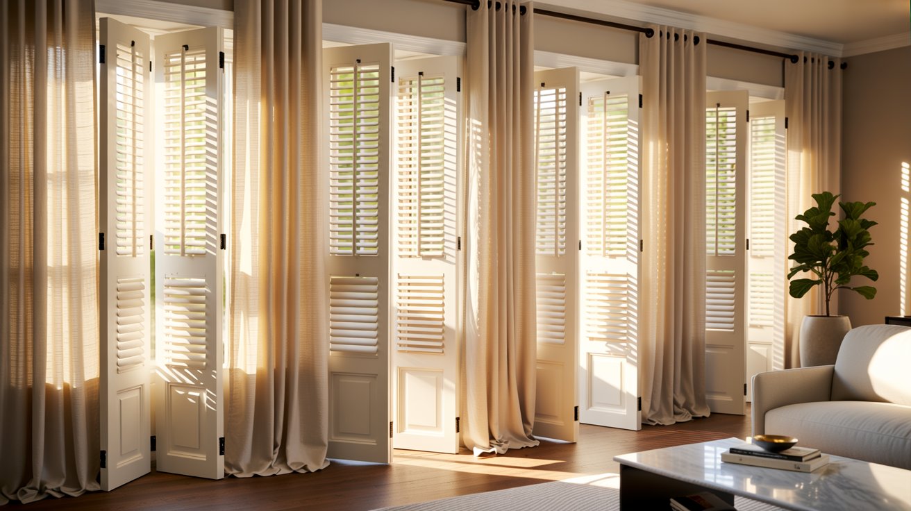 Modern living room window styled with plantation shutters and curtains layered together for a balanced, elegant, and functional window treatment.