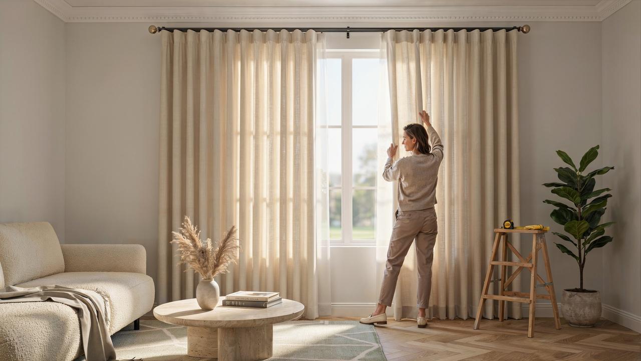 A homeowner adjusting newly hung curtains beneath crown molding to ensure smooth operation and even draping.