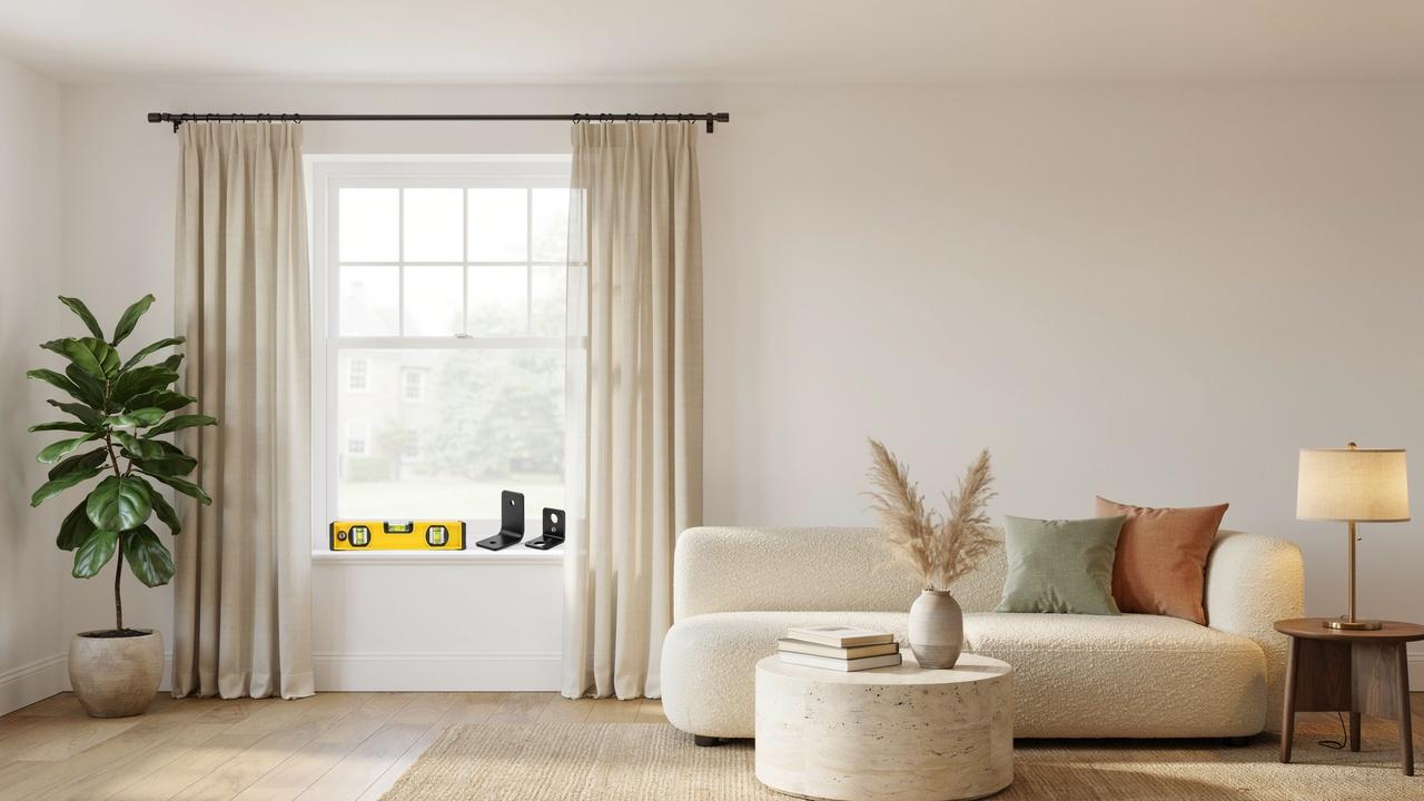 Modern living room showing properly installed curtain rods positioned above and beyond the window with elegant floor-length curtains.