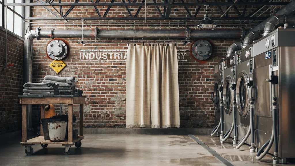 industrial laundry room with galvanized iron pipe curtain rod heavy duty flange mounting rugged functional interior scene.