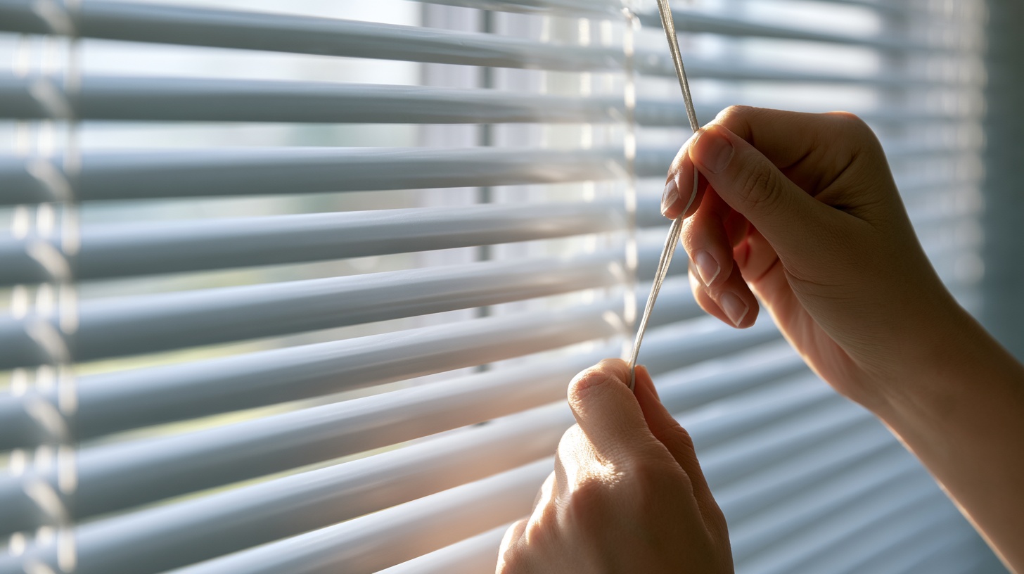 Person gently pulls one side of the blind cord loop to lower window blinds.