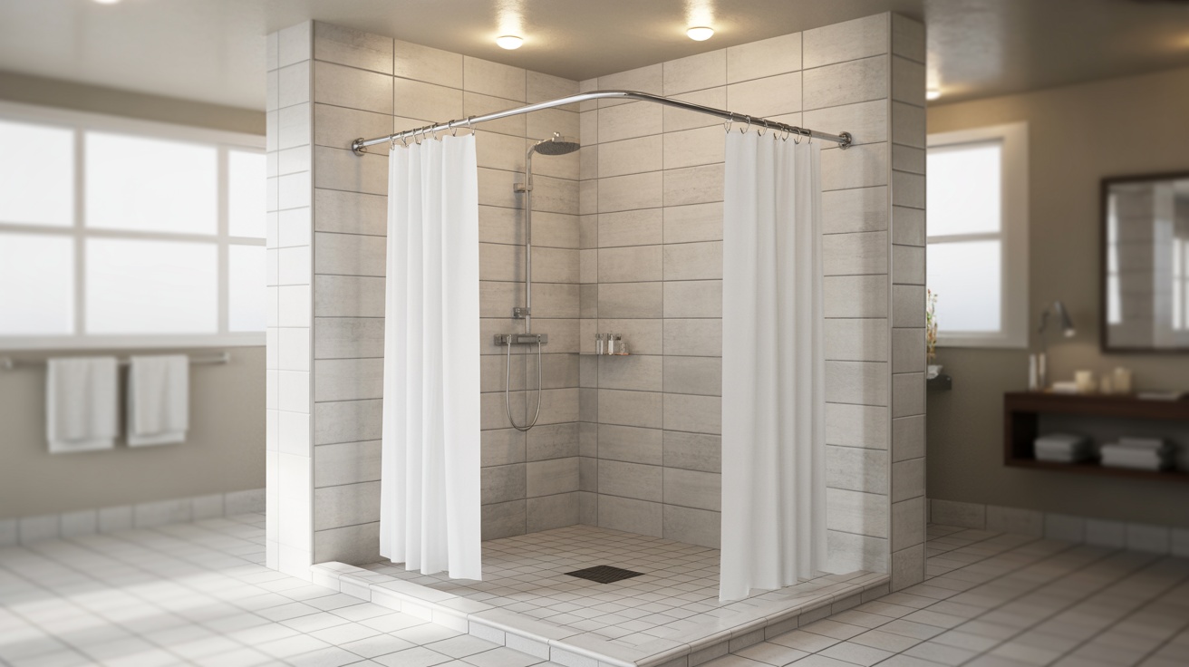Corner walk-in shower enclosed by a wraparound curtain suspended from an L-shaped rod.