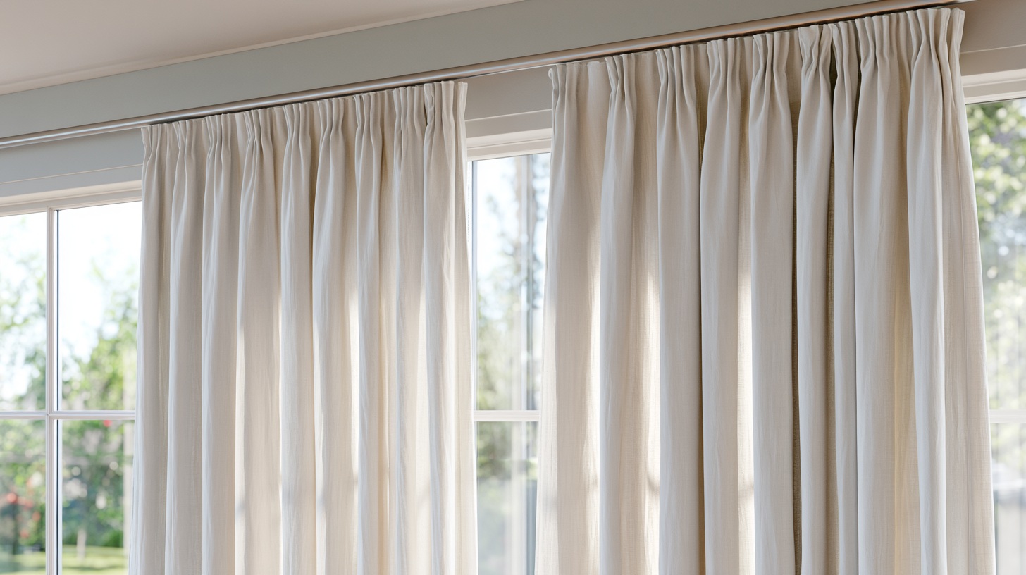 A bright modern living room with full length pencil pleat curtain tops hanging neatly on a sleek curtain rod.