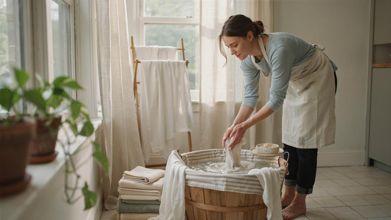 Woman hand-washes linen curtains in wooden tub using gentle soap to protect fabric fibers