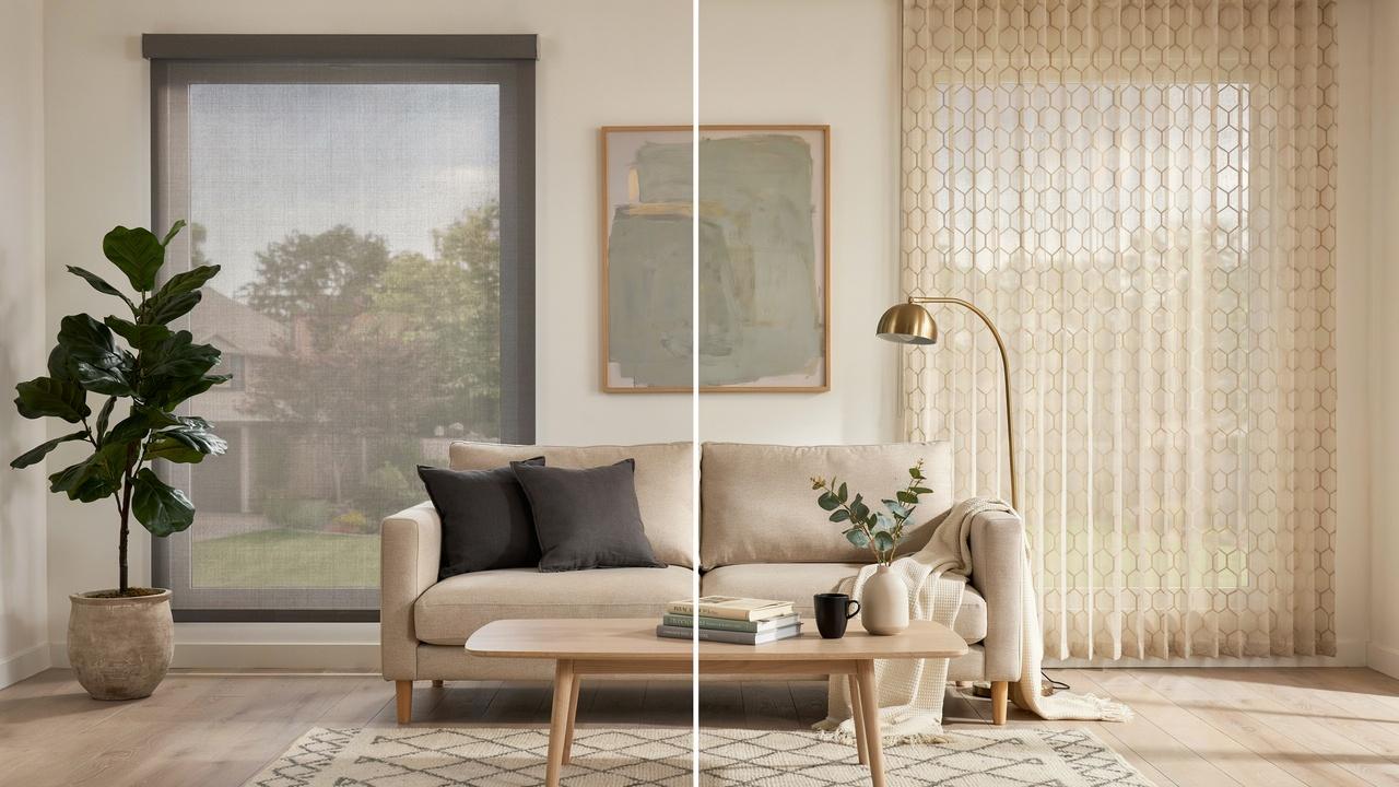 Wide living room with full-width solar shades filtering glare while preserving outdoor views.