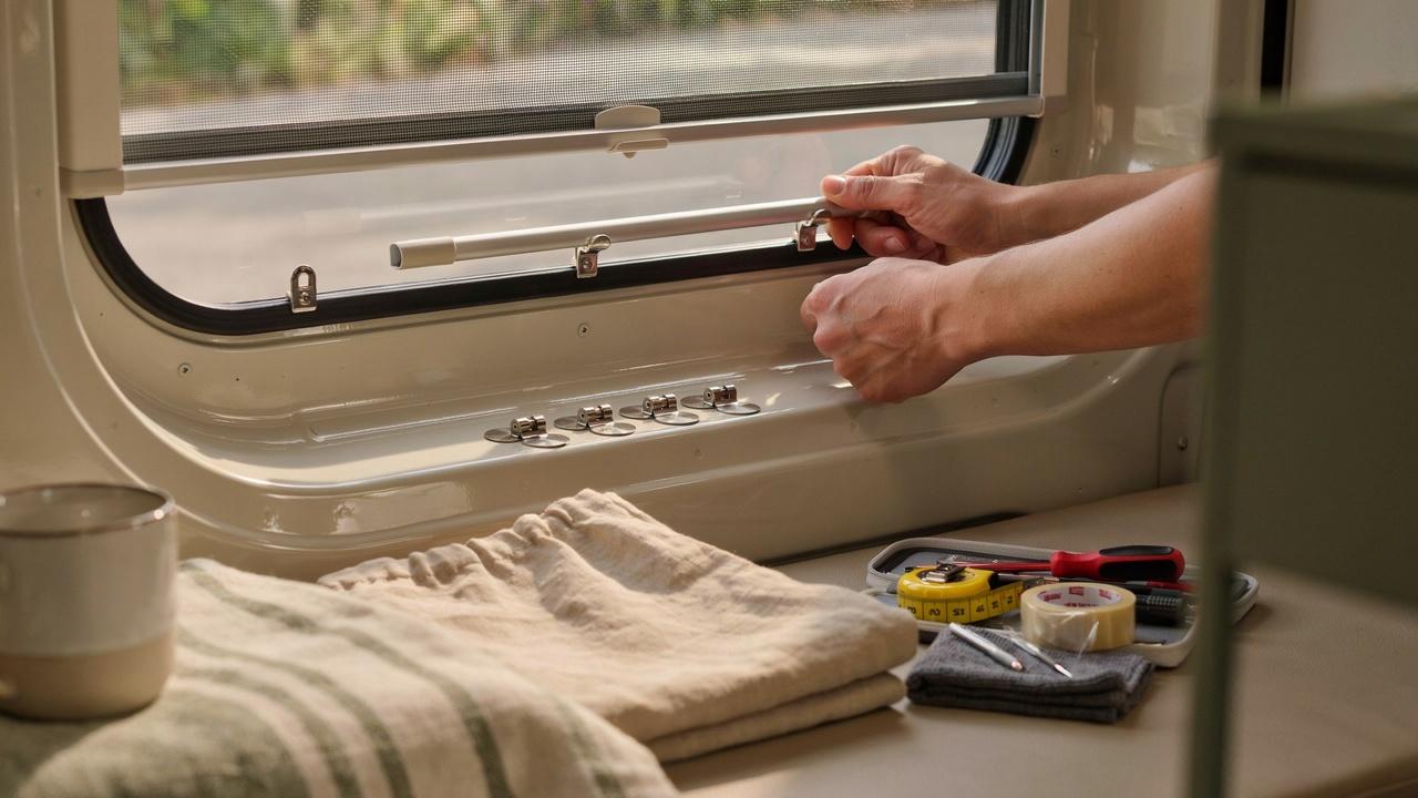 Installing a slim tension rod between camper window frames with tools and clips laid out below
