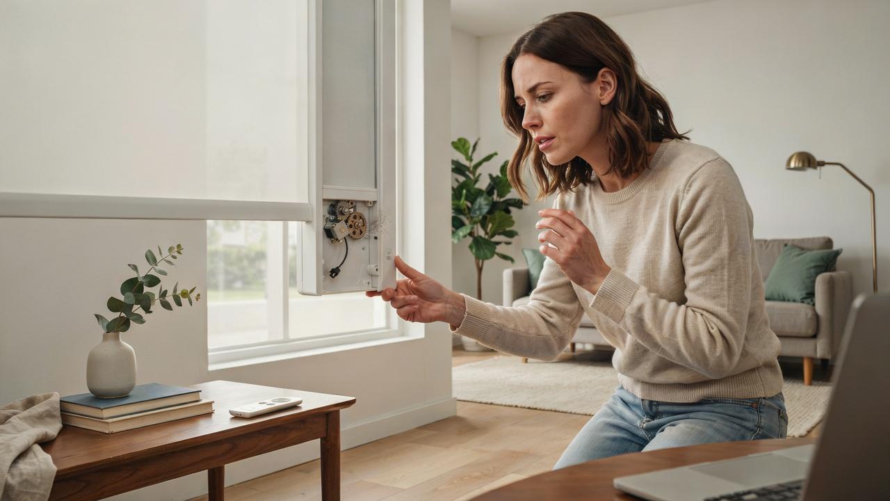 A homeowner incorrectly pulling motorized blinds by hand, suggesting potential damage to the internal mechanism.