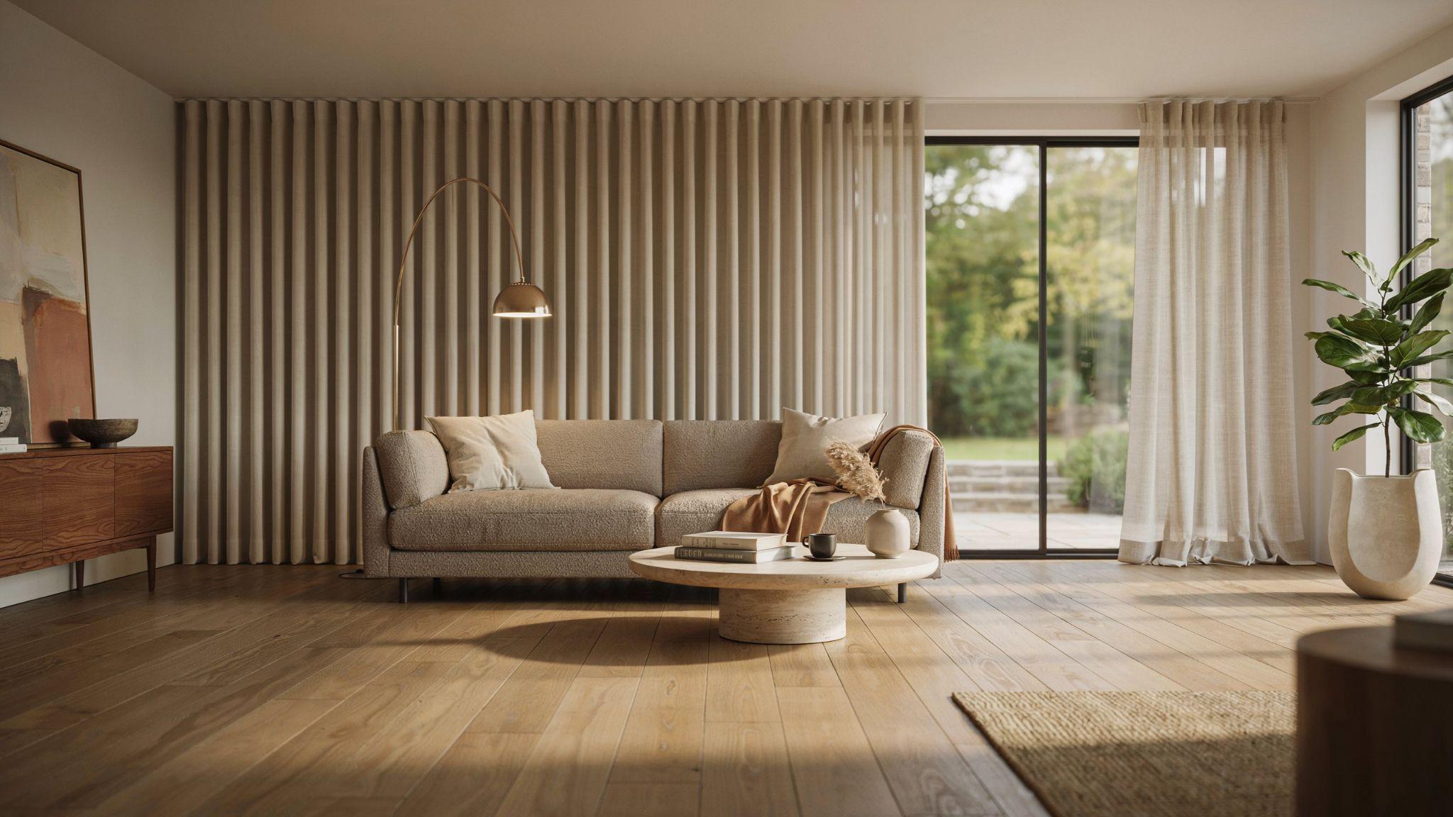Modern fabric vertical blinds with neutral colors creating a stylish look in a contemporary living room.