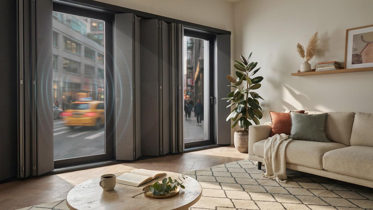 Modern living room with soundproof window shutters blocking visible outside noise from a busy city street.