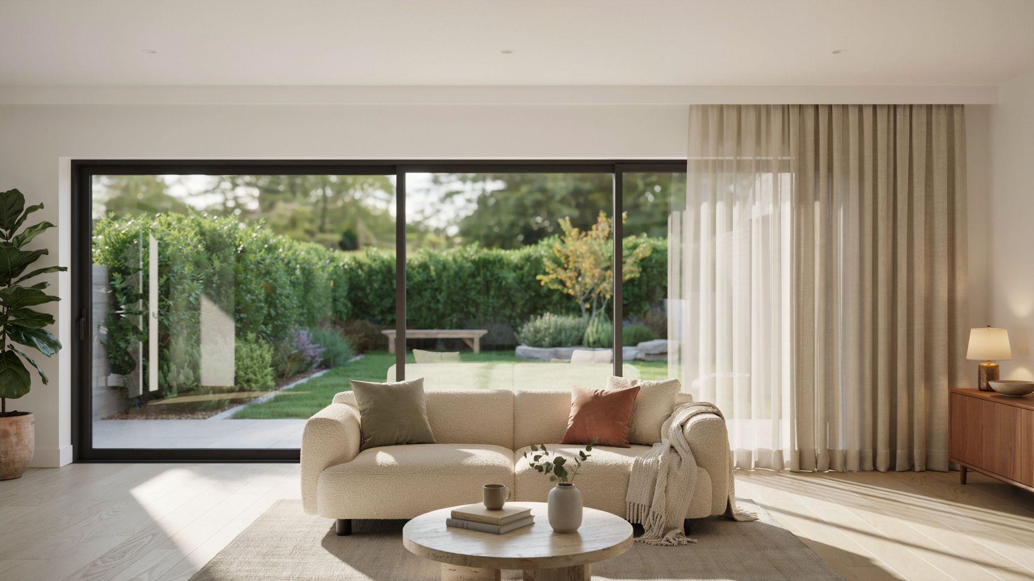 Contemporary living room with modern vertical blinds on patio doors combining practical function and stylish design.