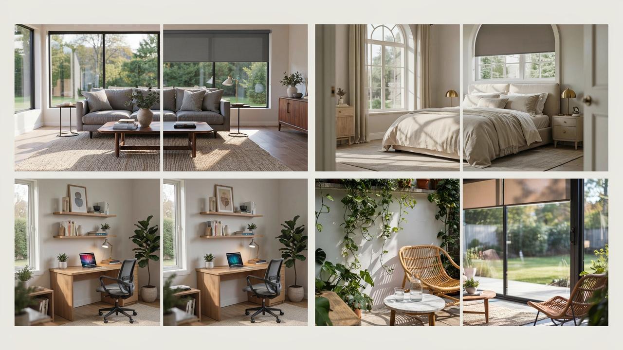 Collage of different rooms showing before-and-after improvements in light and comfort after installing solar screens.
