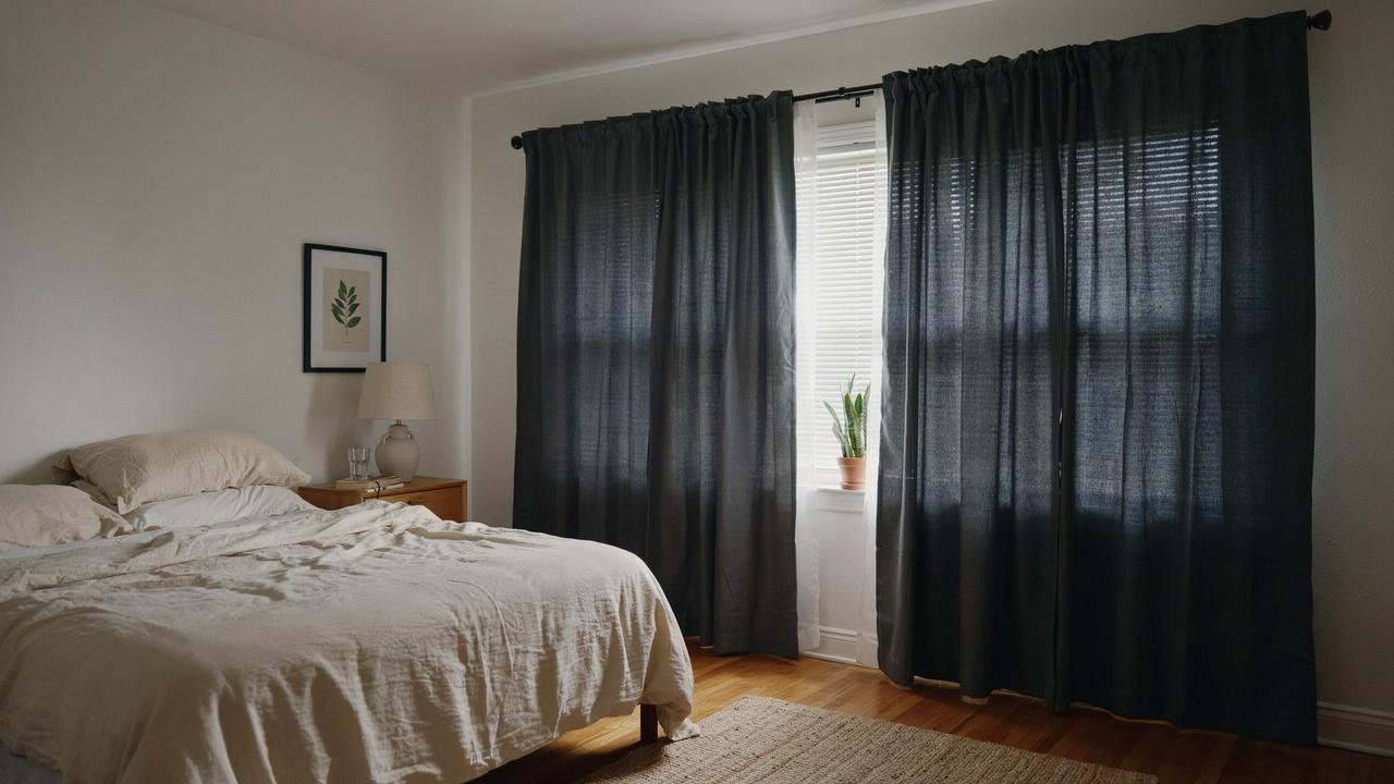 Bedroom using thermal curtains and blinds together to reduce sunlight, improve insulation, and keep the room cooler.