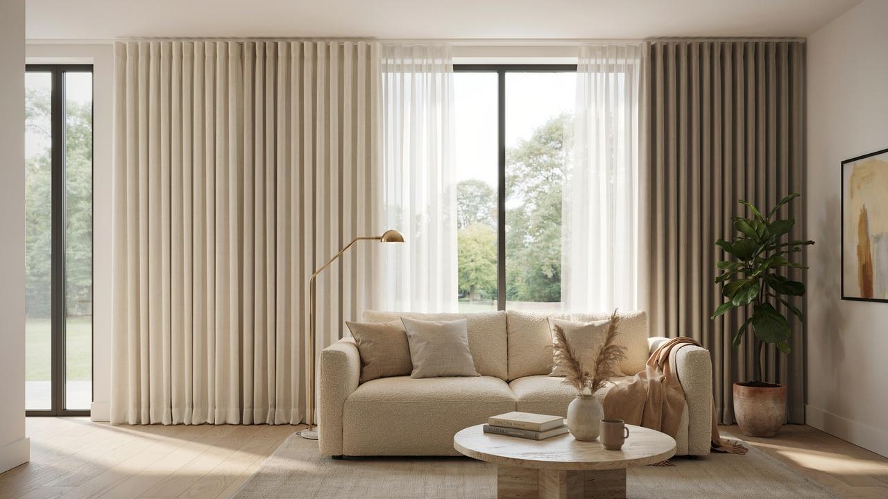 Box pleat and inverted pleat curtains displayed side by side, highlighting their structured and tailored folds.