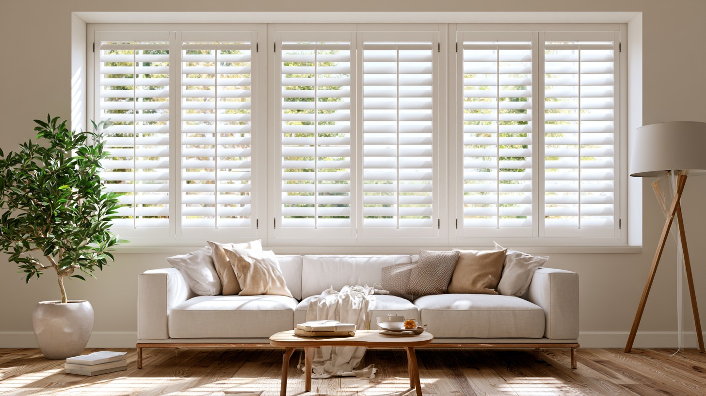 White California shutters with mid size louvers on a bright living room window.