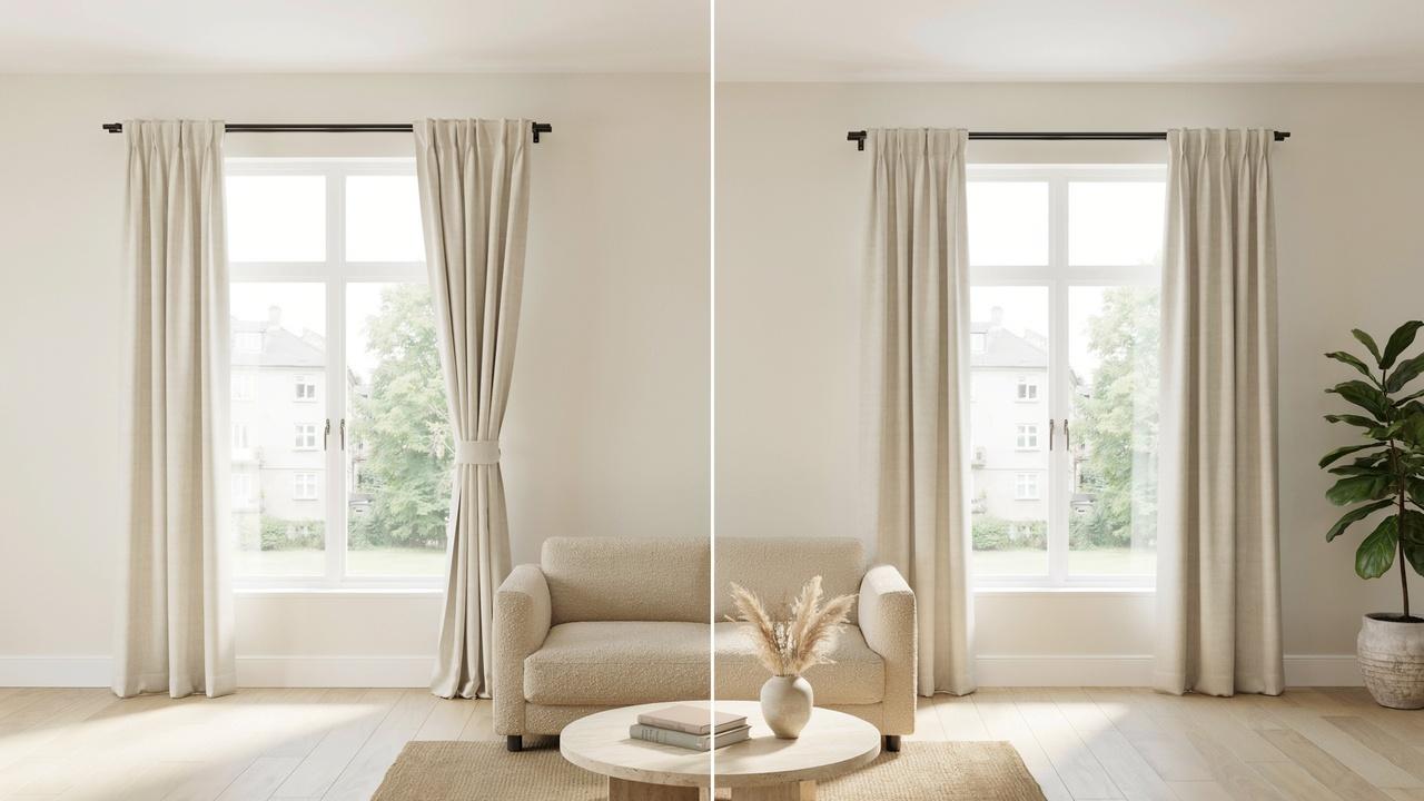 Side-by-side comparison of a single curtain panel and two curtain panels on matching windows in a modern living room.