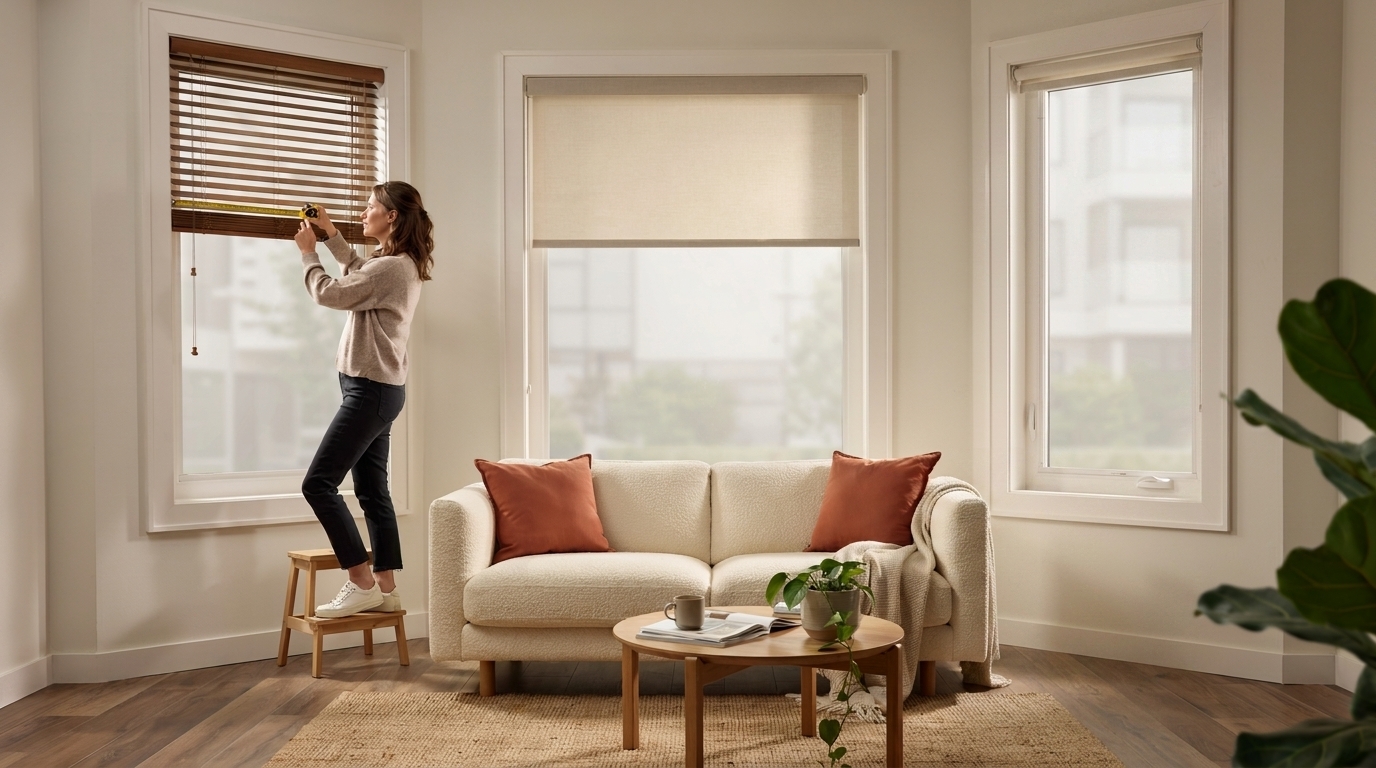 Homeowner comparing cordless blind styles, materials, and window measurements while selecting the best option for a modern home.