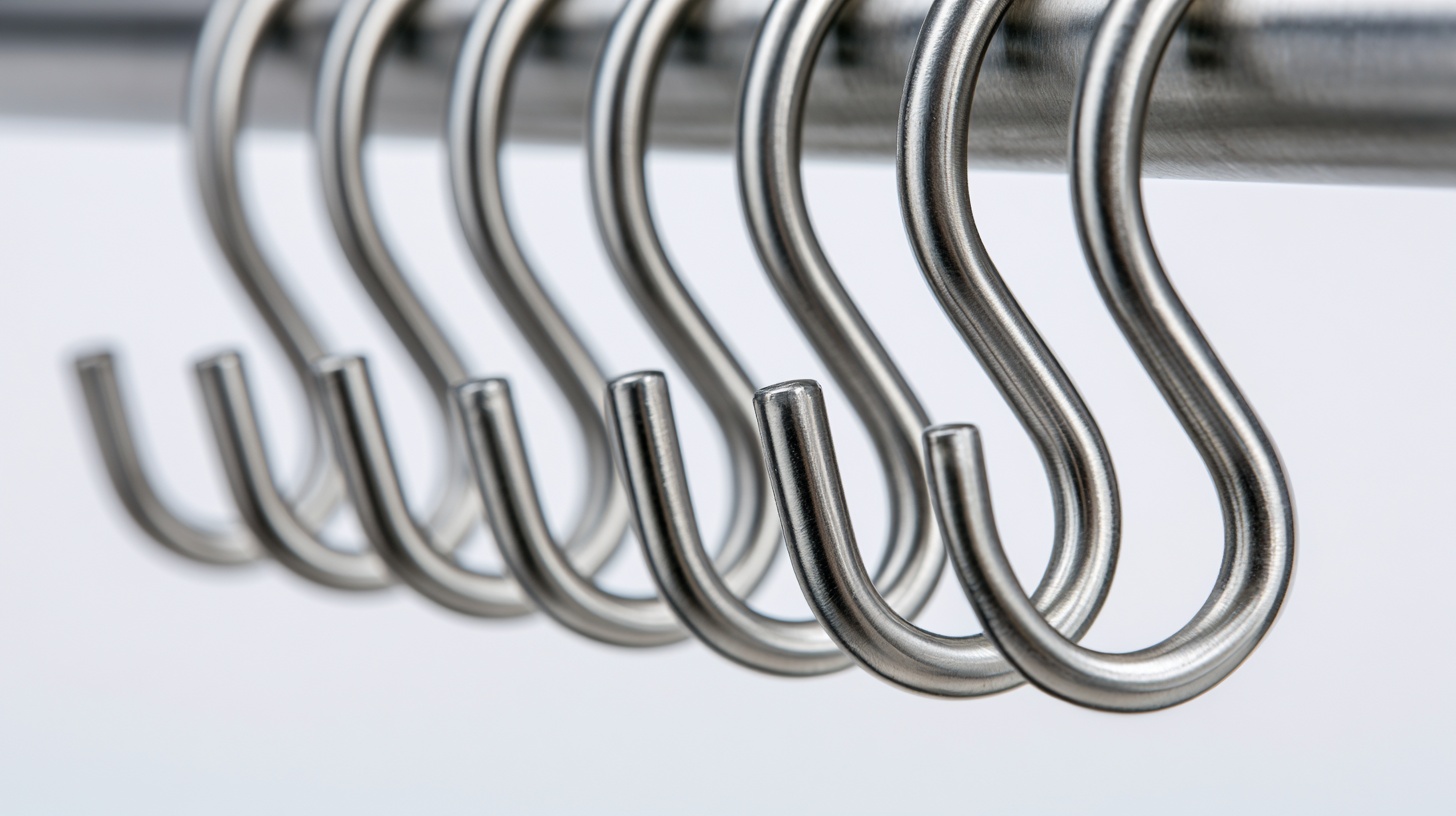 Stainless steel S-hooks for ripple fold curtain systems, simple curved shape with two open ends.