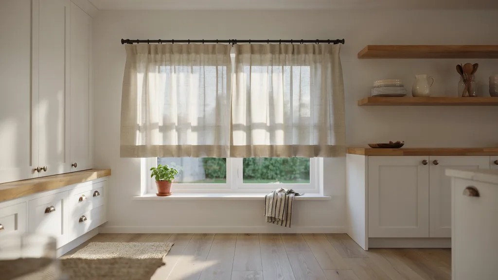 Cafe curtains ending just above a windowsill.