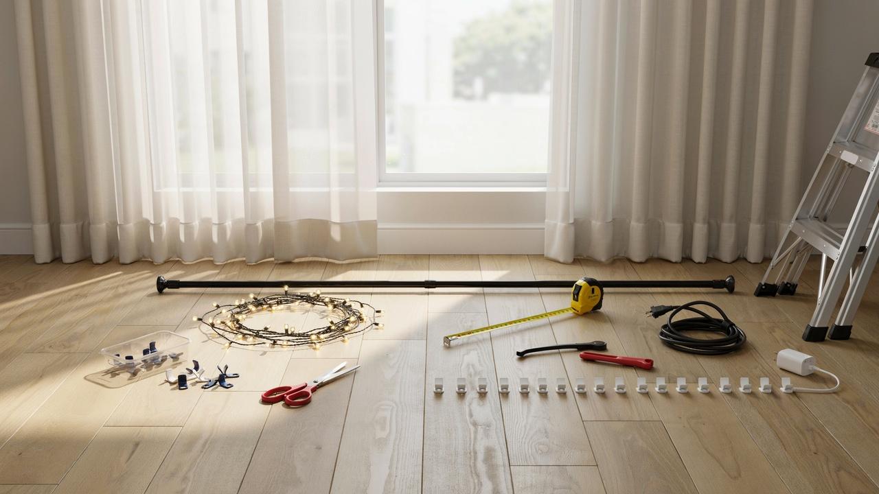 DIY tools and curtain lights neatly arranged on the floor before installing decorative window lights.