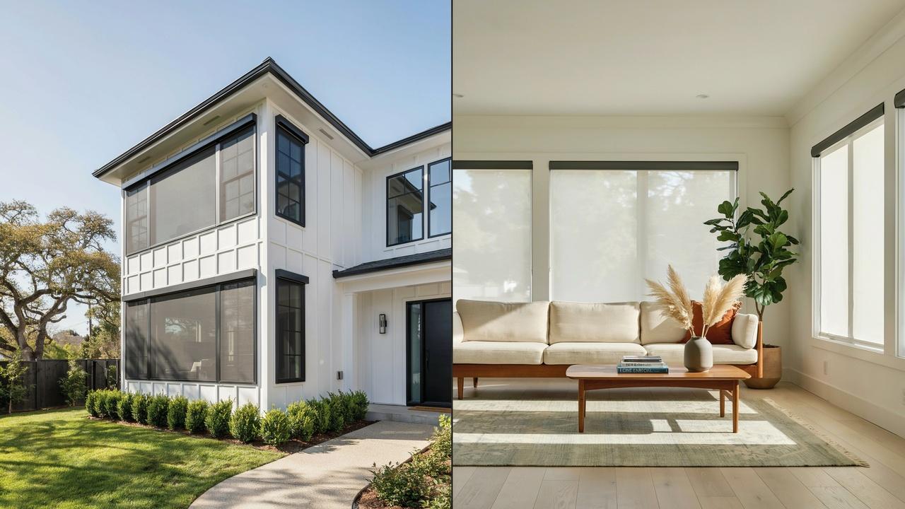 Comparison image showing a home with exterior solar screens and an interior room with solar shades reducing glare and sunlight.
