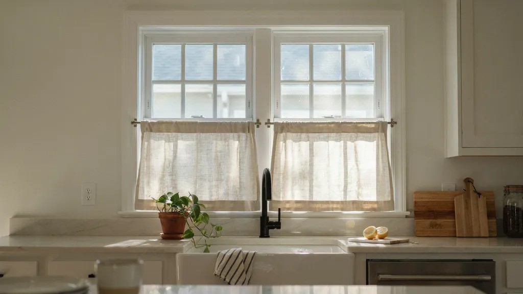 Cafe curtain mounted halfway up a kitchen window.