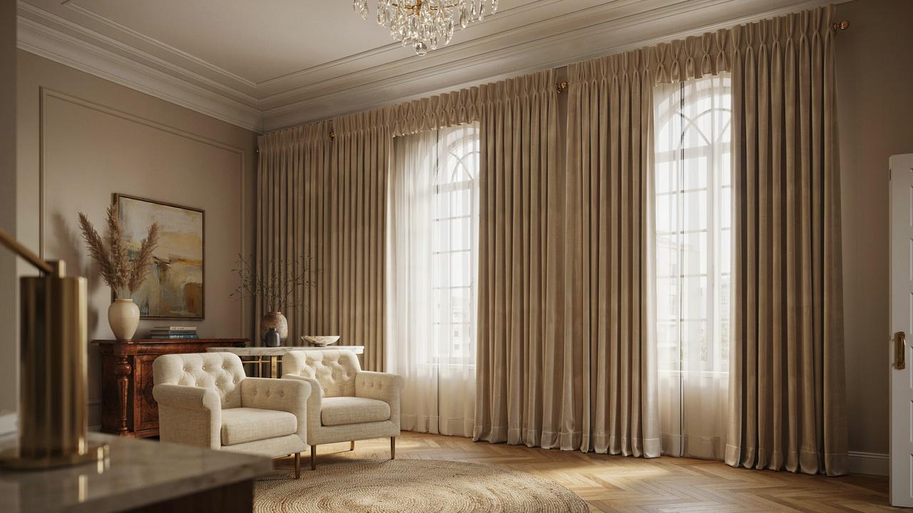 Luxurious goblet pleat curtains with decorative goblet-shaped folds in an elegant living room.