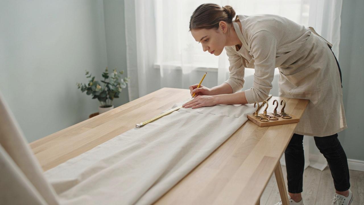 A person measuring and marking evenly spaced positions on a curtain panel for attaching curtain hooks.