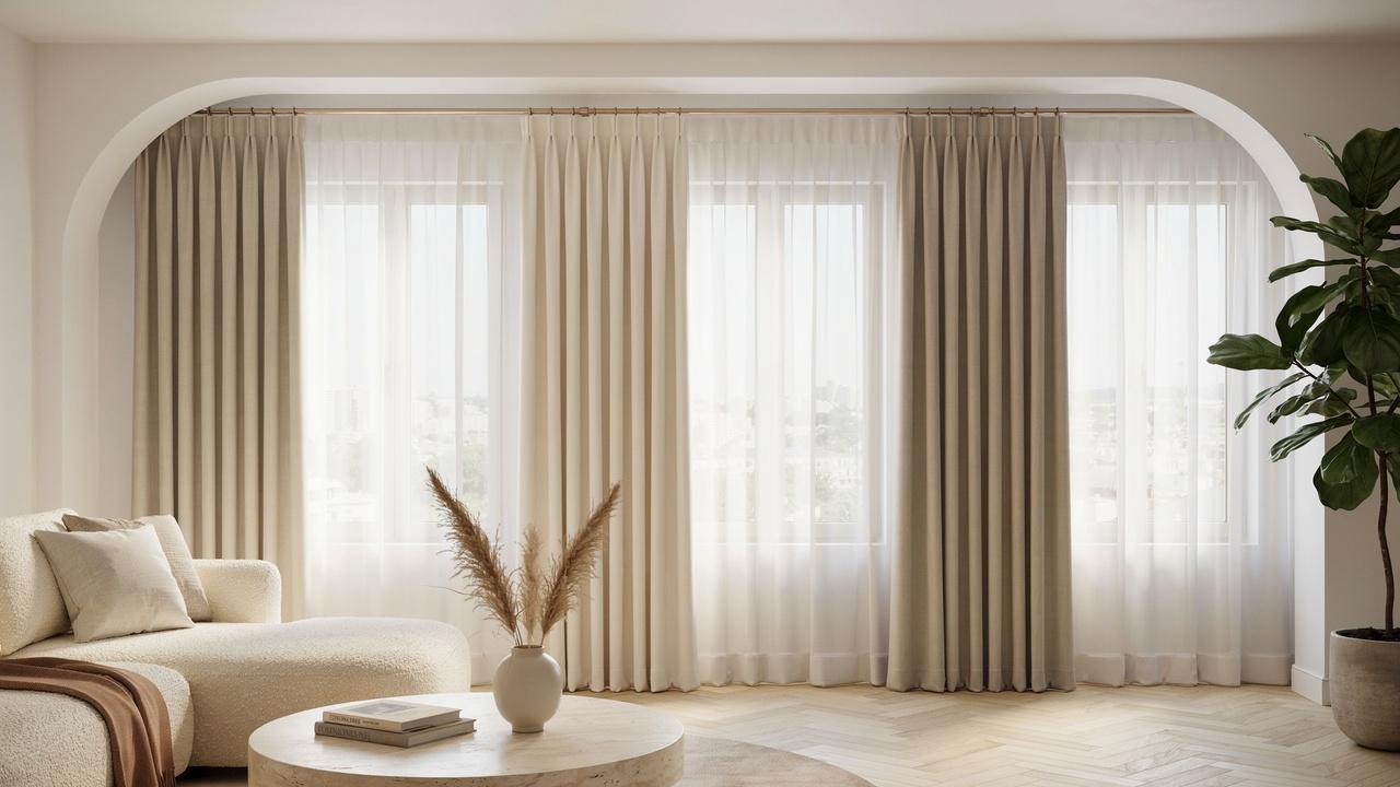 Three pinch pleat curtain styles showing single, double, and triple pleats in an elegant interior setting.