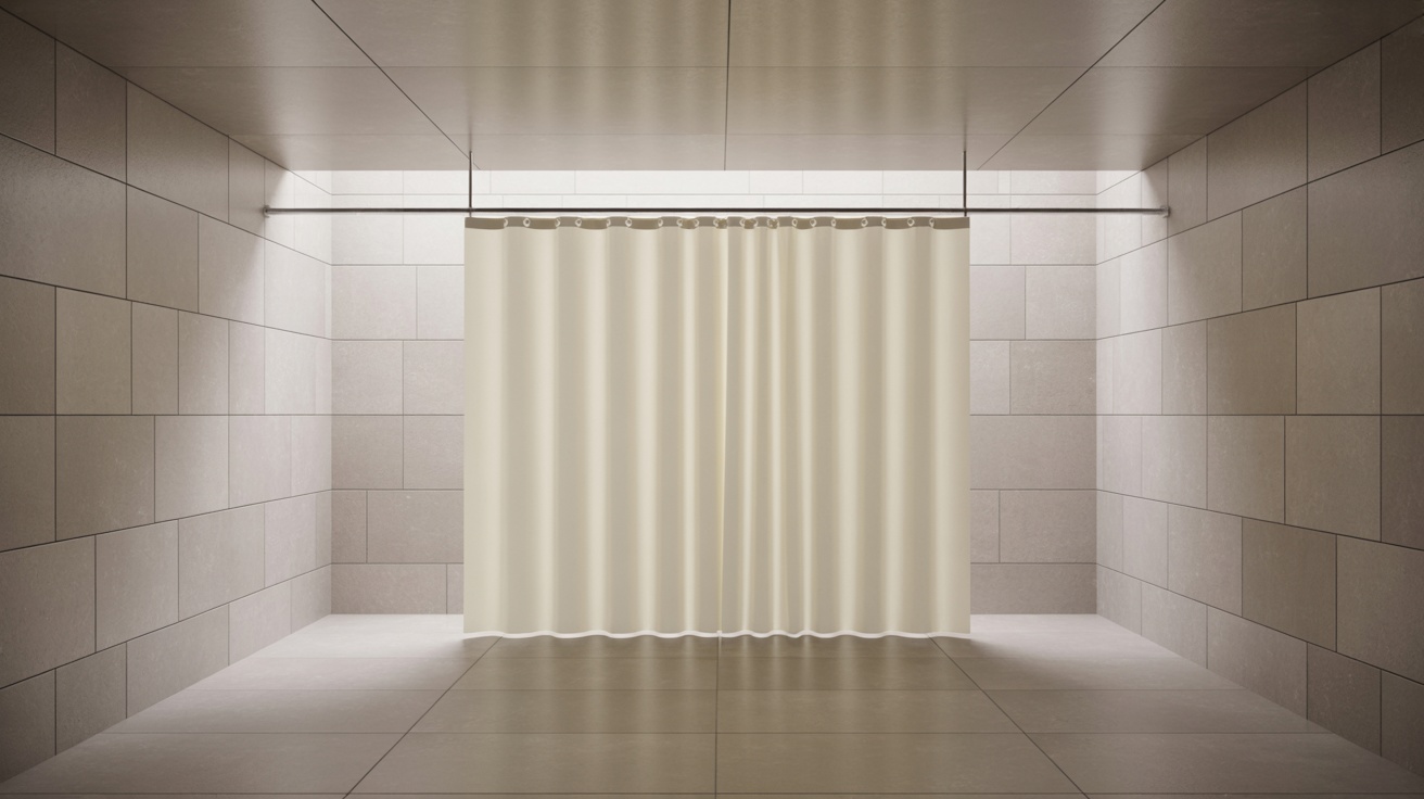 Minimalist walk-in shower with a ceiling track curtain and concealed hardware.