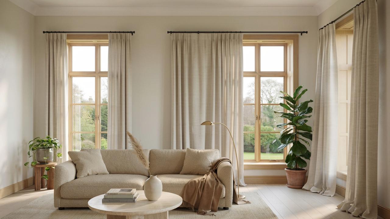 Two windows comparing flat curtains and richly pleated full curtains to show that curtain fullness matters more than panel count.