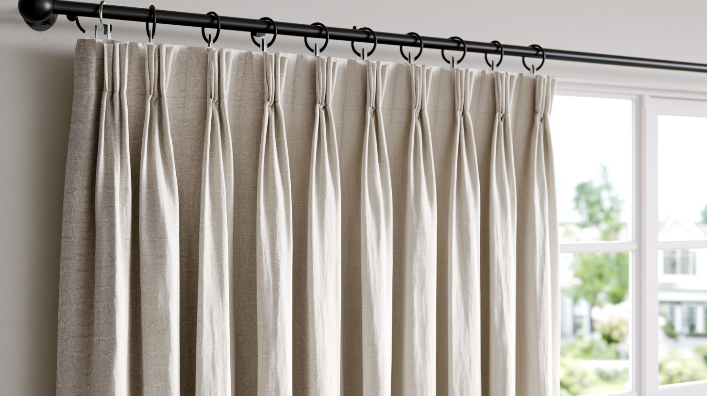 A close up of pinch pleat curtain tops with evenly sewn double pleats at the top.