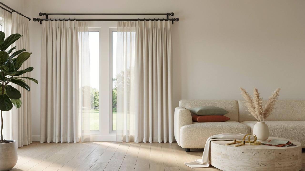 Modern living room showcasing correctly positioned curtain rods and elegant floor-length curtains for perfect window styling.