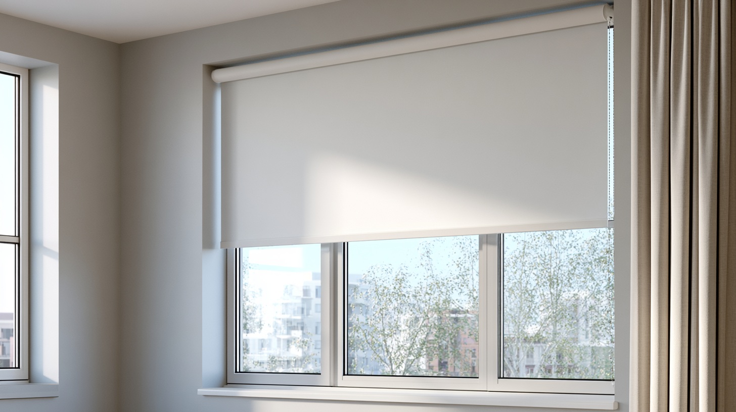 Cordless roller shade half raised on a bright window, clean modern living room.