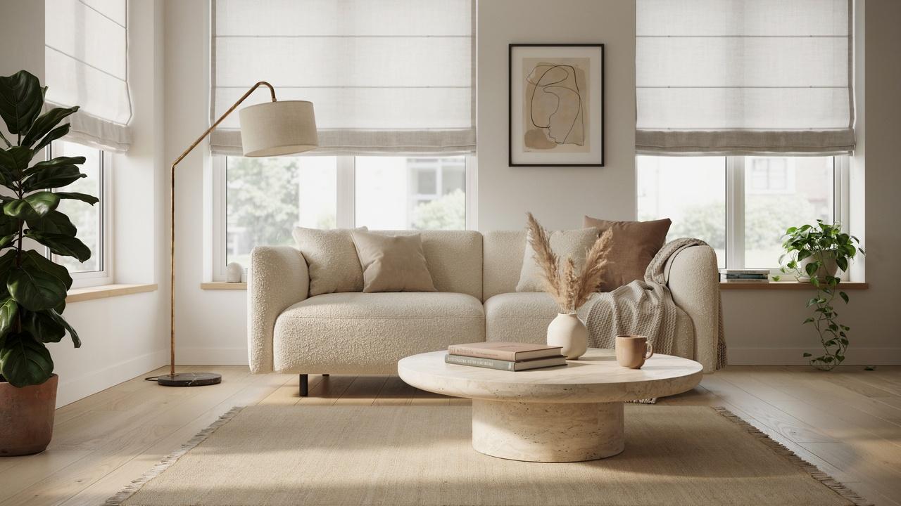 Modern living room featuring elegant white Roman shades on large windows.
