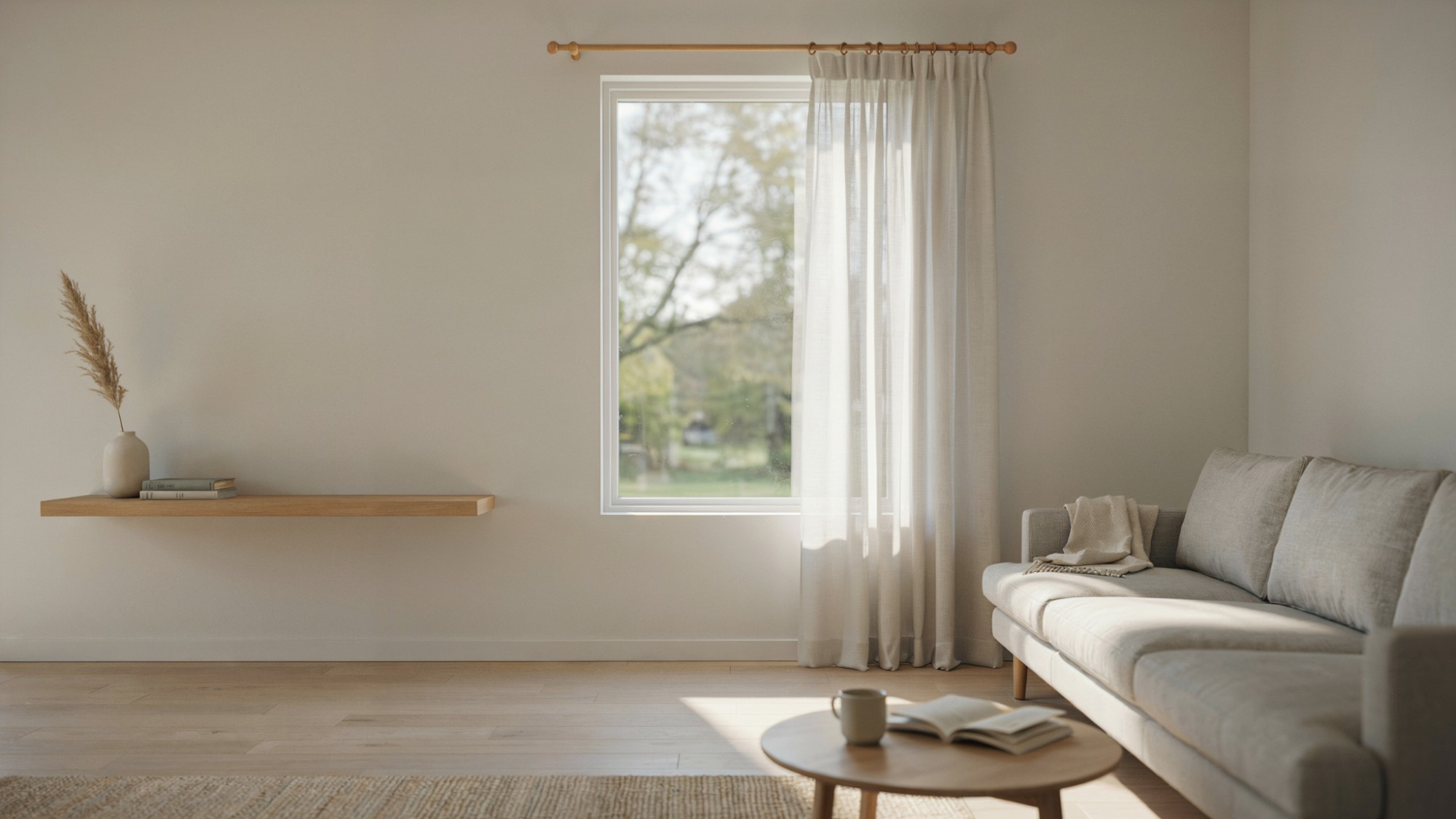 minimal Scandinavian room with wooden dowel curtain rod sheer curtains soft daylight clean modern interior aesthetic scene.