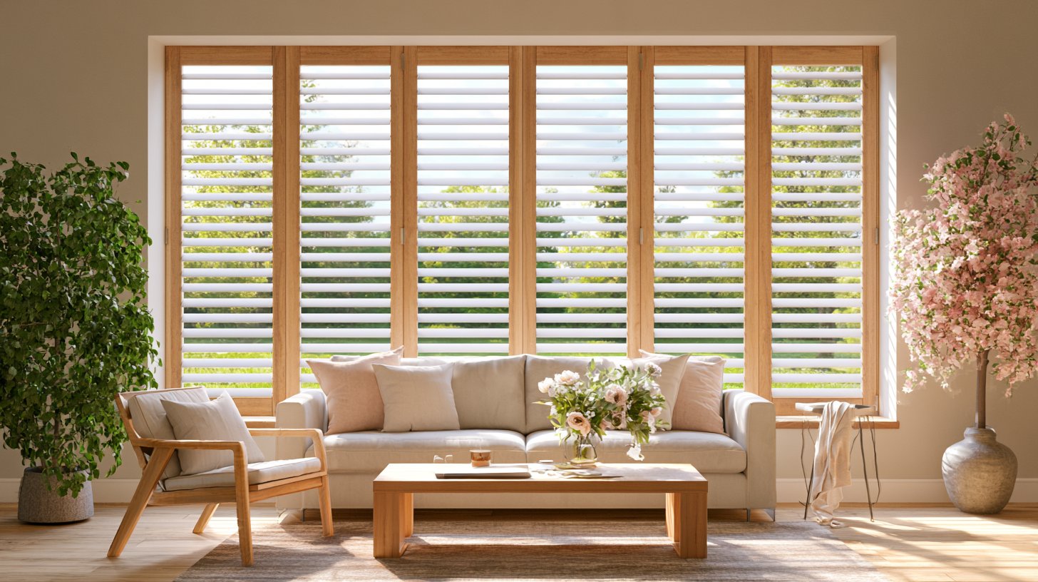 Hybrid shutters with wood frame and white louvers on a large bright window.