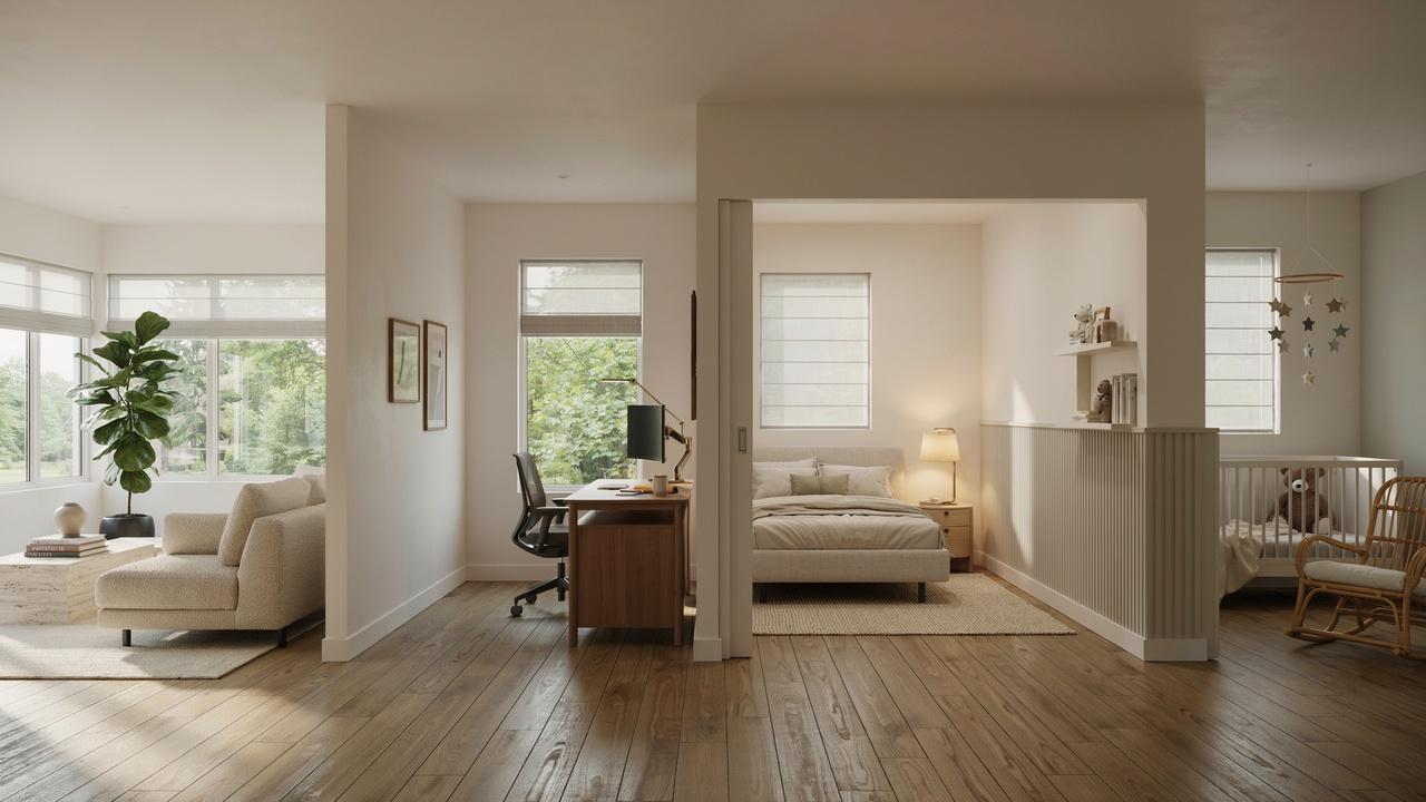 Home layout with cellular shades in living room, office, bedroom, and nursery for insulation.