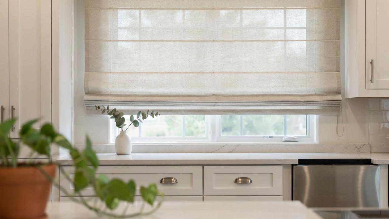 Polyester Roman shade in a kitchen.