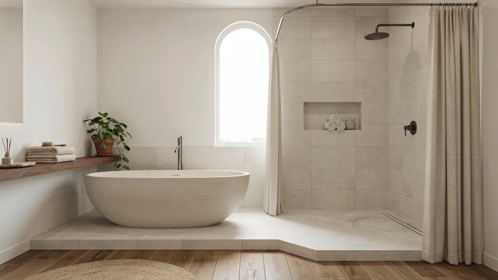 Walk-in shower featuring a waterproof curtain instead of a glass door, with an open-entry design, modern tiles, and contemporary bathroom fixtures.