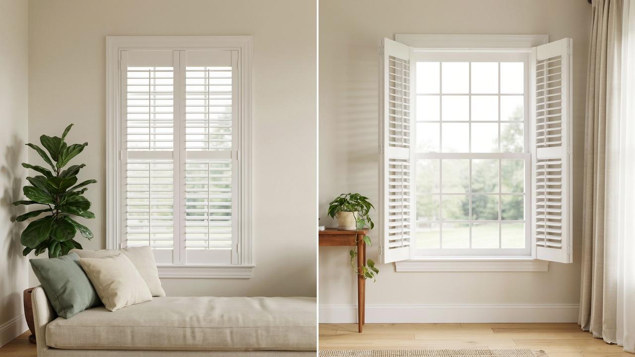 Side-by-side comparison of inside mount and outside mount plantation shutters showing differences in fit and window coverage.
