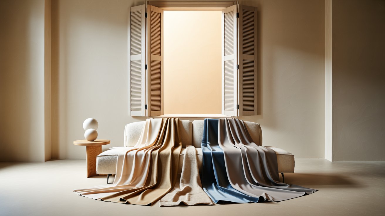 Modern interior showing plantation shutters with curated curtain fabric samples highlighting how to choose the right colors and textures for a balanced, stylish look.